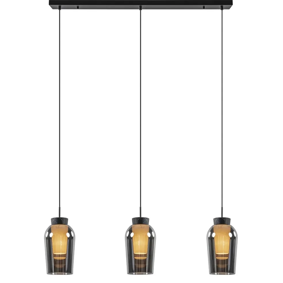 3-Lichts hanglamp balk zwart/marmer met smoke glas