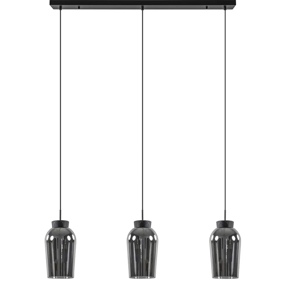 3-Lichts hanglamp balk zwart/marmer met smoke glas