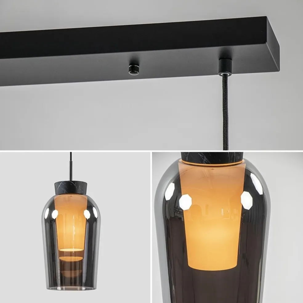 3-Lichts hanglamp balk zwart/marmer met smoke glas