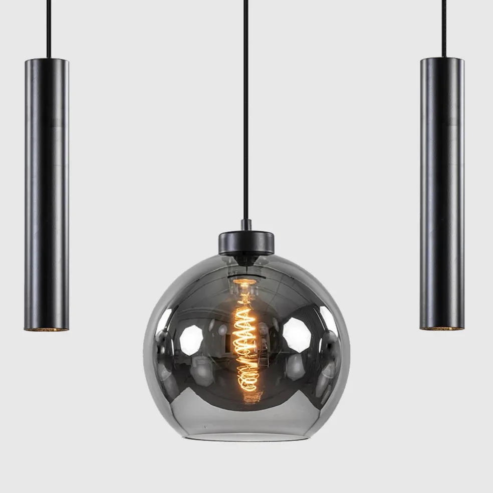 5-Lichts hanglamp cilinders en smoke glas