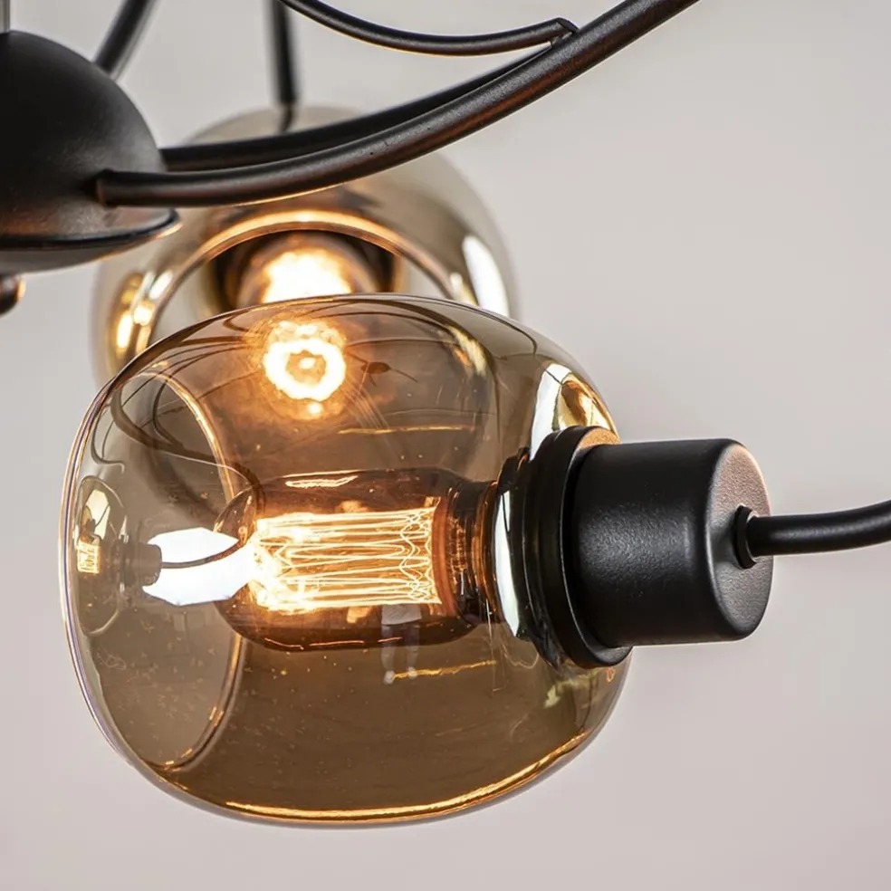 6-Lichts hanglamp mat zwart met smoke glazen kappen