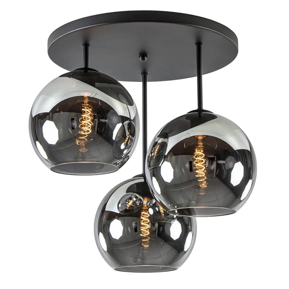 3-Lichts plafondlamp mat zwart met titanium glas