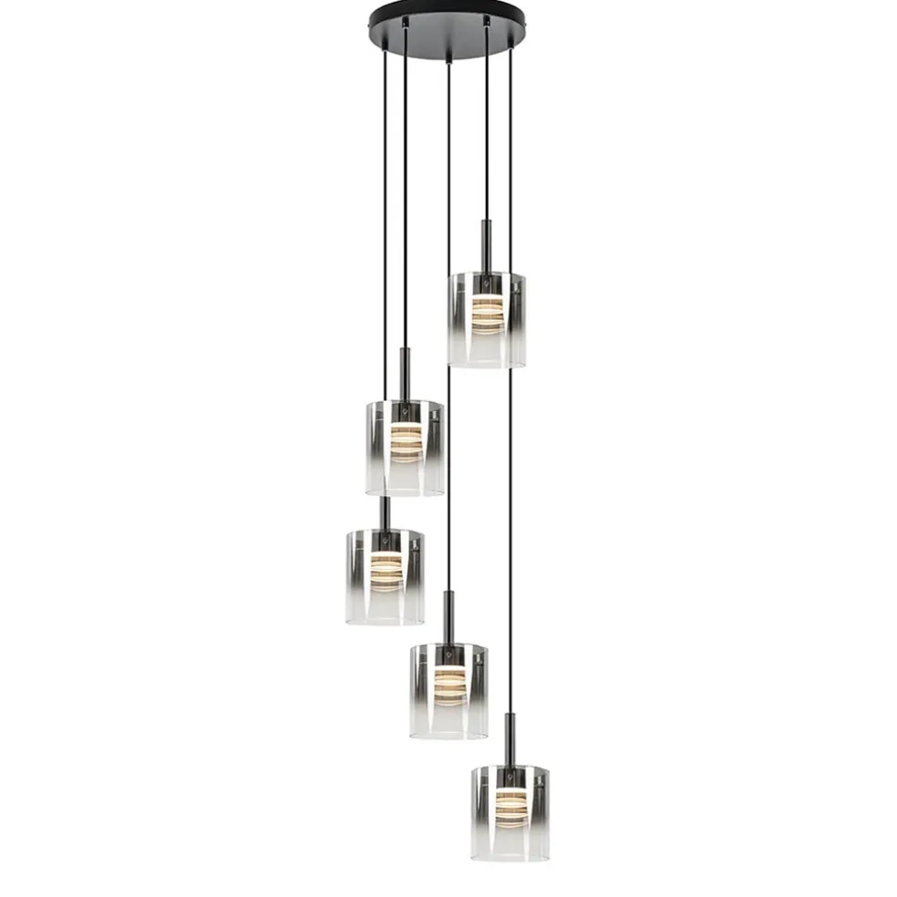 5-Lichts ronde hanglamp zwart met titanium/helder glas