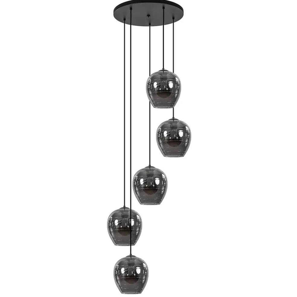 5-Lichts ronde hanglamp zwart met smokey glas
