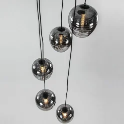 5-Lichts ronde hanglamp zwart met smokey glas