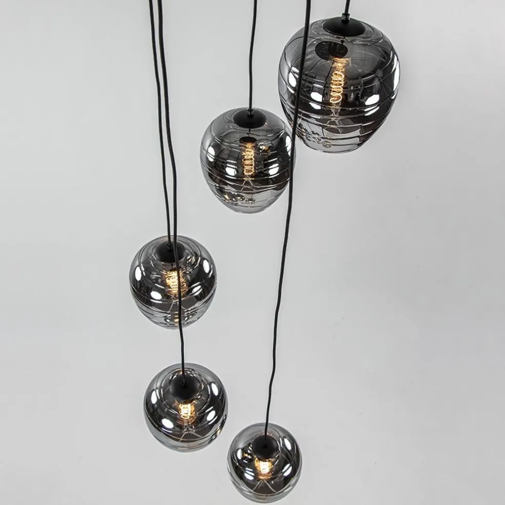 5-Lichts ronde hanglamp zwart met smokey glas