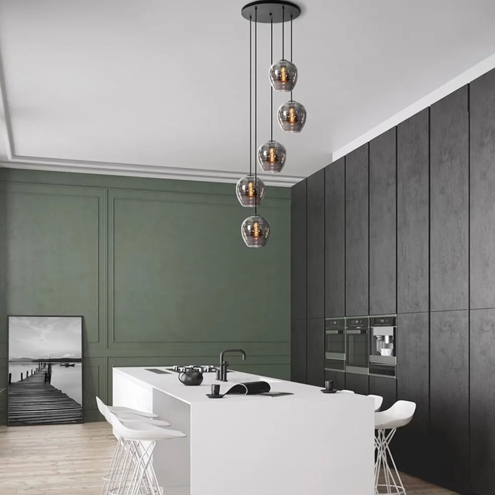 5-Lichts ronde hanglamp zwart met smokey glas