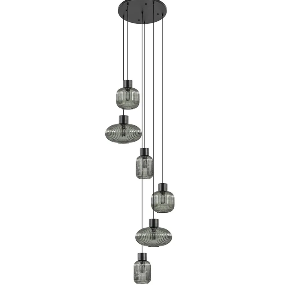 6-Lichts vide hanglamp smoke glas met zwarte details
