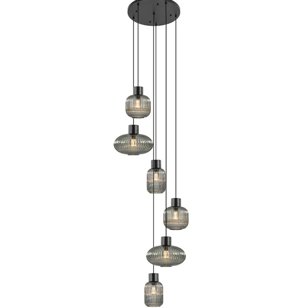6-Lichts vide hanglamp smoke glas met zwarte details
