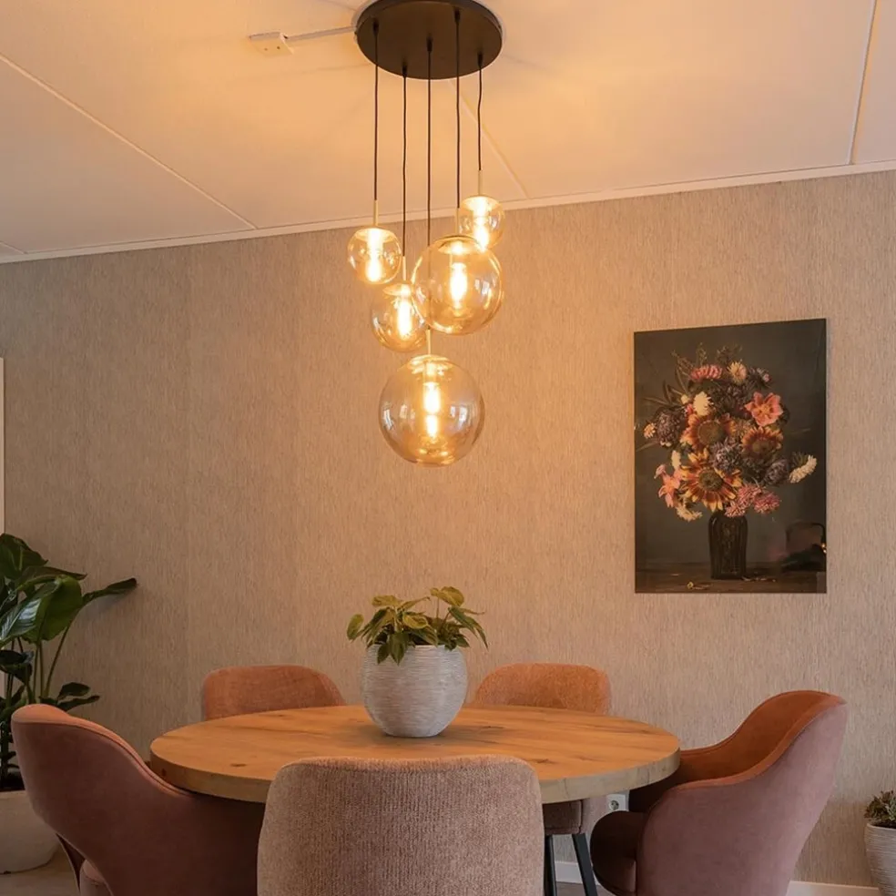 Luxe 5-lichts videlamp messing met amber glazen bollen