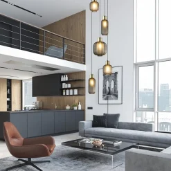 Luxe 5-lichts videlamp zwart/brass met mat zwart glas