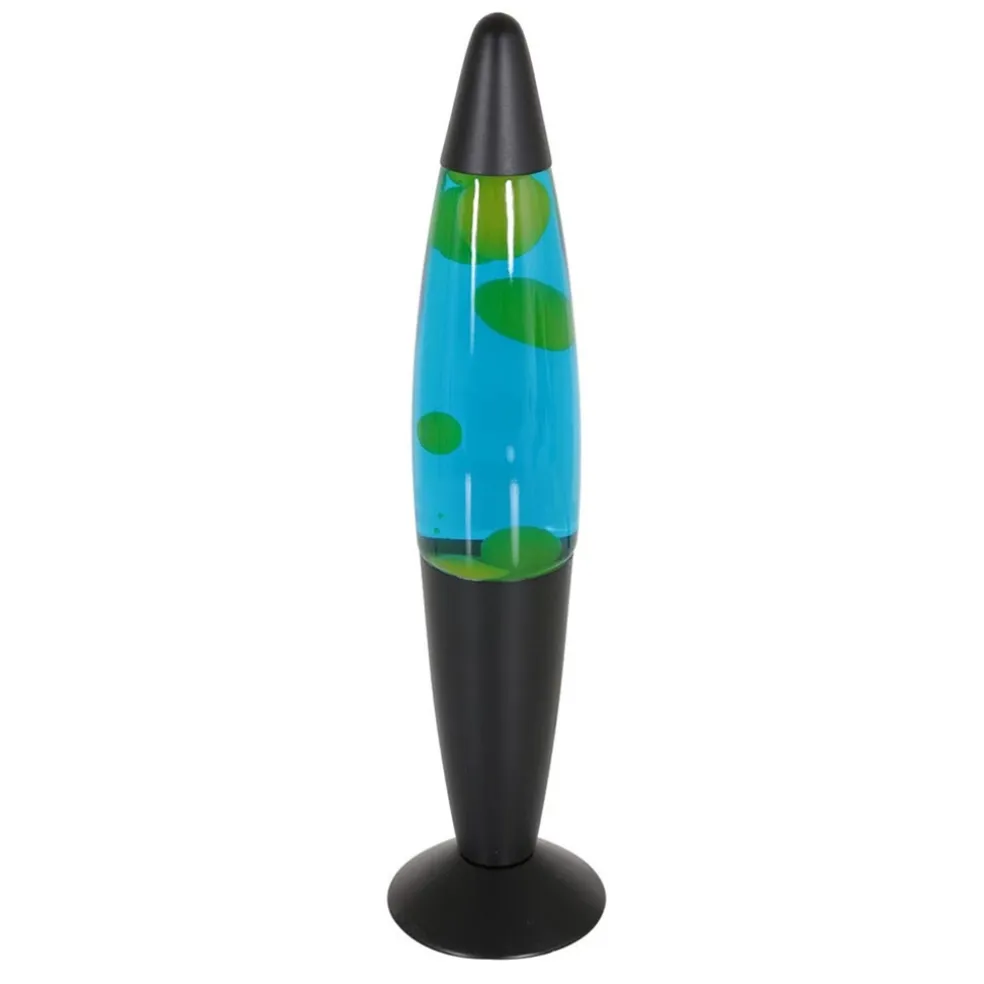 Mat zwarte lavalamp met blauw water en groene vlekken
