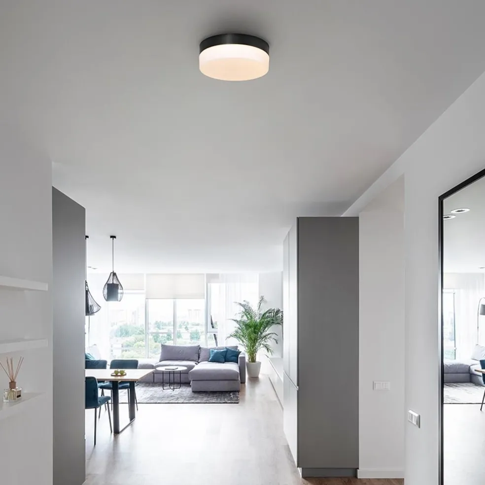 Mat zwarte LED plafondlamp met wit glas IP44 dimbaar