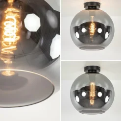 Mat zwarte plafondlamp met smoke glazen bol 30 cm