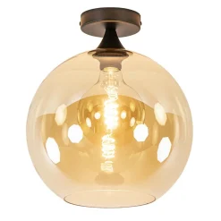 Mat zwarte plafondlamp met amber glazen bol 30 cm