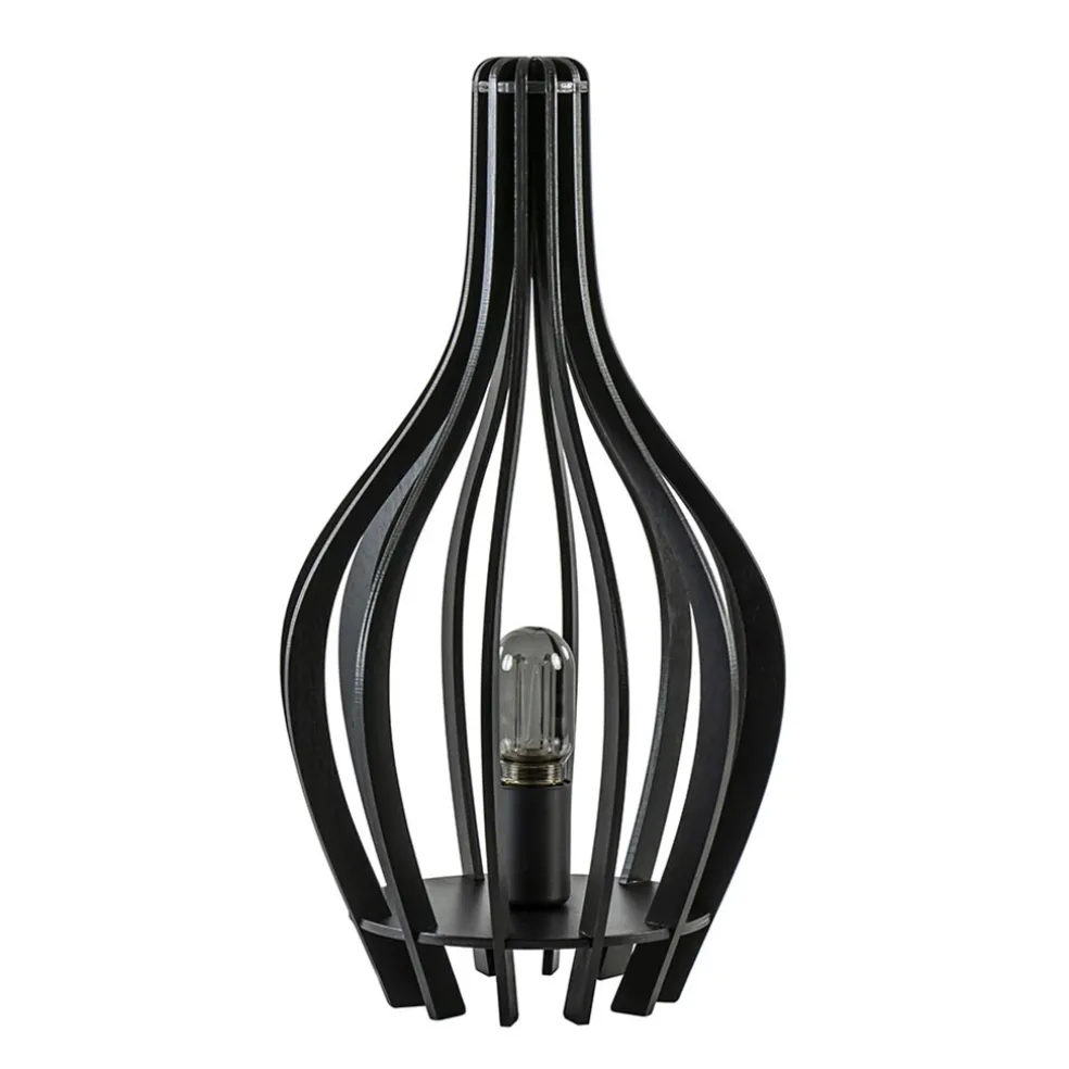 Mat zwarte tafellamp houten kegel