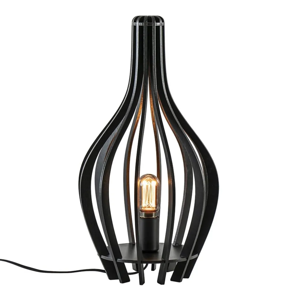 Mat zwarte tafellamp houten kegel