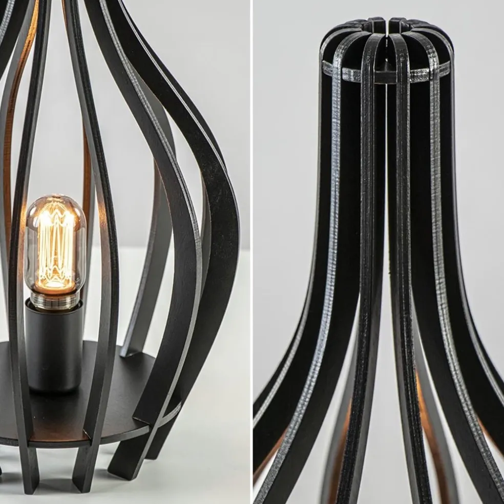 Mat zwarte tafellamp houten kegel