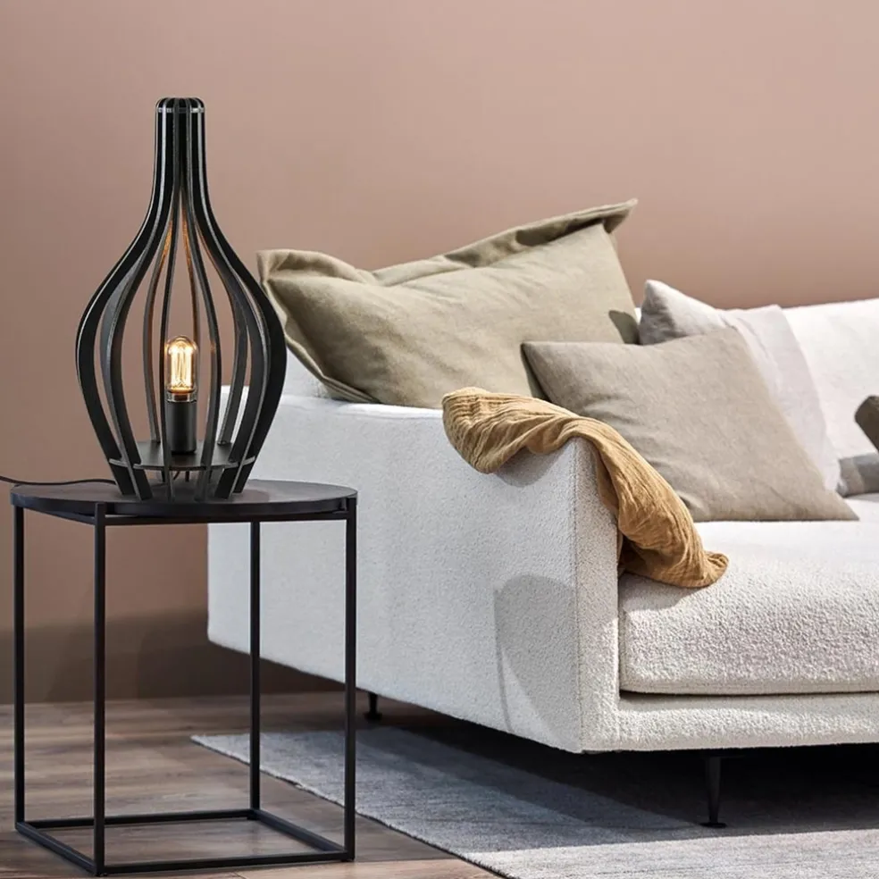 Mat zwarte tafellamp houten kegel