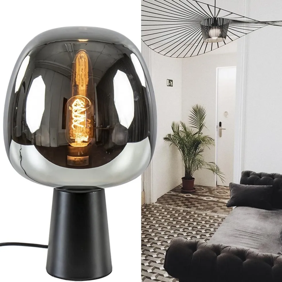 Mat zwarte tafellamp Mayson met smoke glazen kap