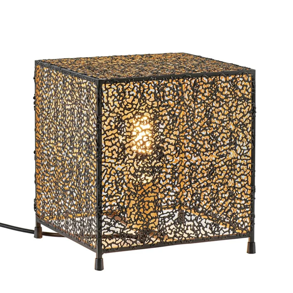 Mat zwarte tafellamp met goud vierkant