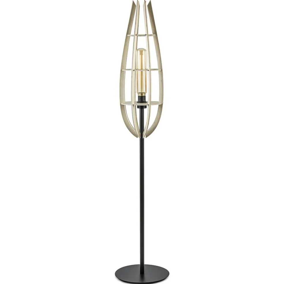 Mat zwarte vloerlamp met houten kap naturel