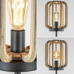 Mat zwarte vloerlamp met ruwe houten kap