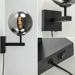 Mat zwarte wandlamp met smoke glazen bol 20 cm