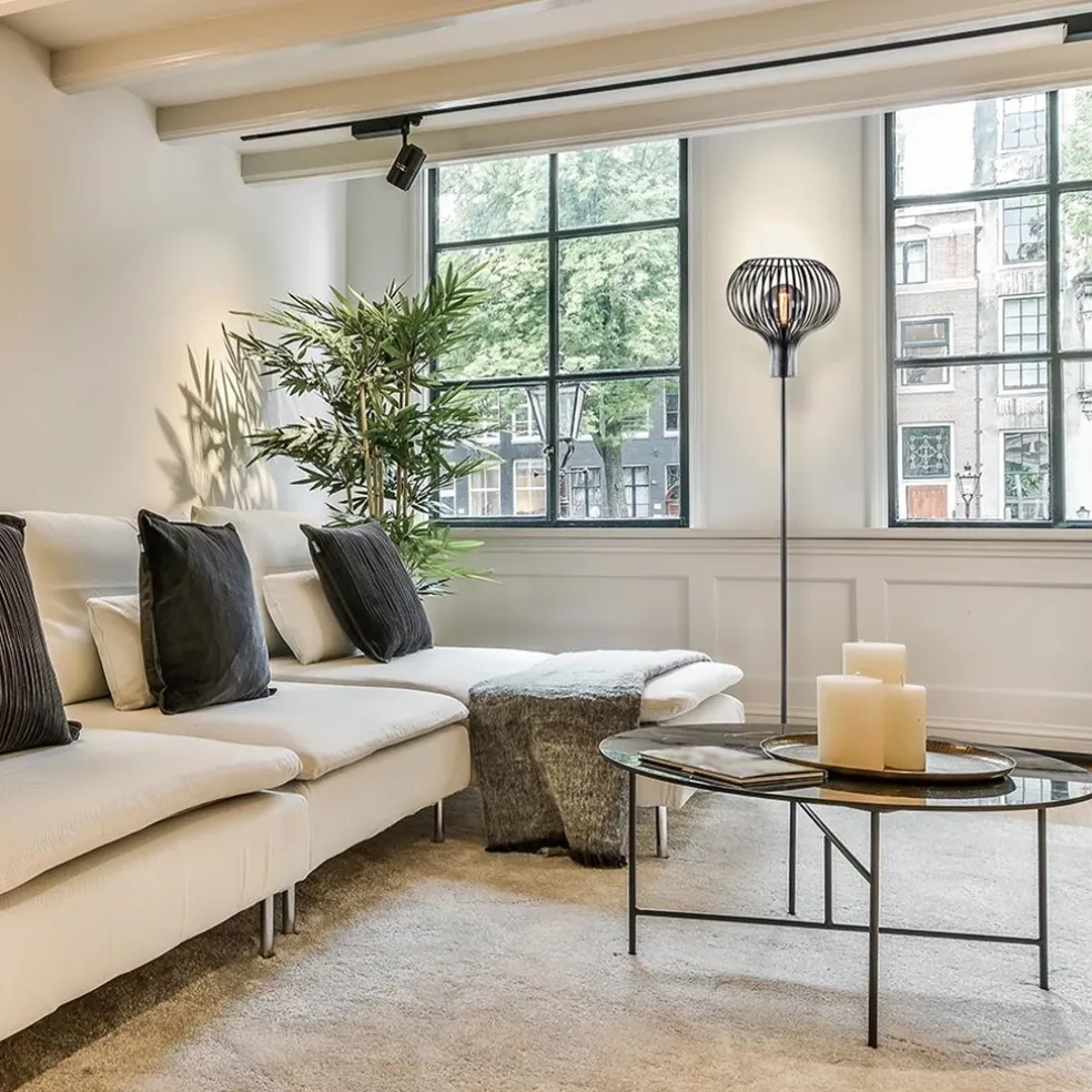 Modern landelijke vloerlamp mat zwart met draadkap