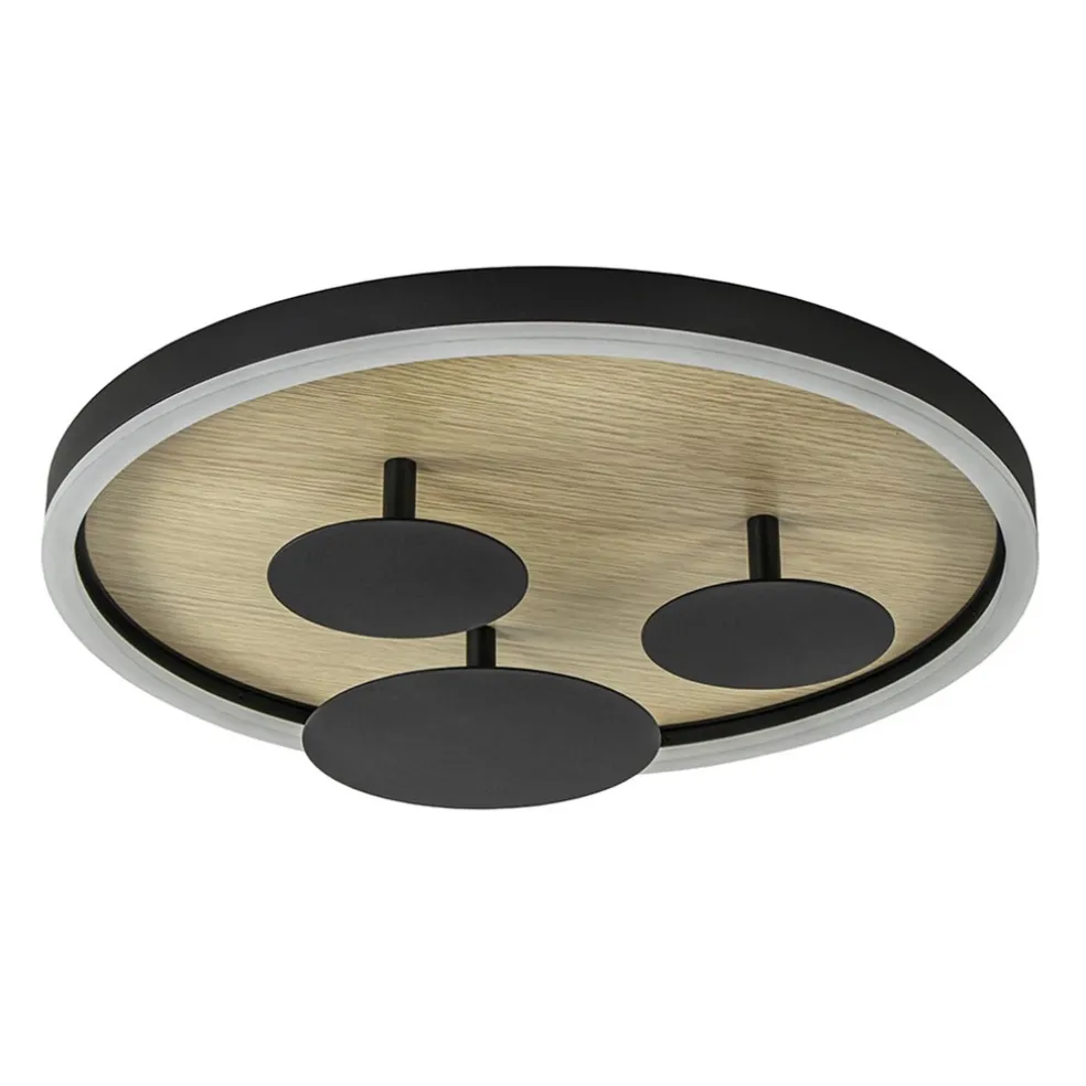 Moderne LED plafondlamp zwart met houtlook 40 cm dimbaar