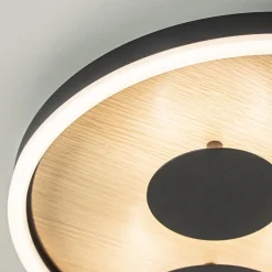 Moderne LED plafondlamp zwart met houtlook 40 cm dimbaar