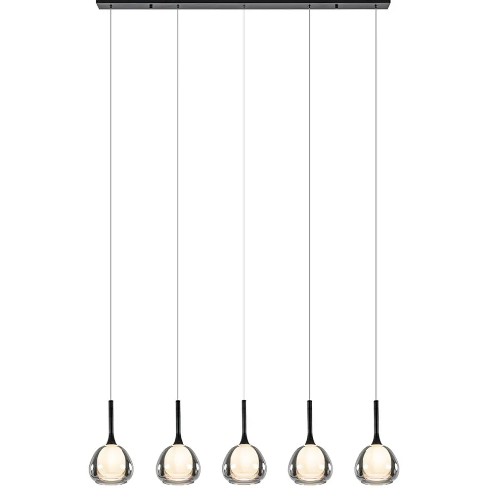 Moderne 5-lichts eettafelhanglamp zwart met dubbel glas