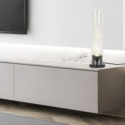 Moderne tafellamp cilinder helder glas met zwart en zilver