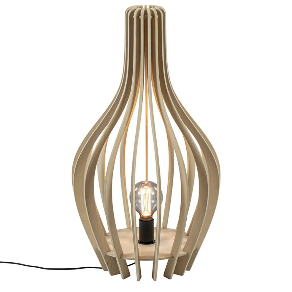 Naturel houten tafel/vloerlamp kegel met zwart