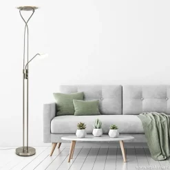 Nikkel vloerlamp met LED uplighter en leeslamp