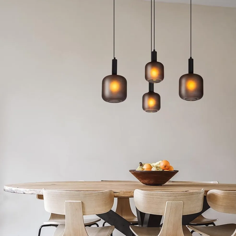 Ovale 4-lichts hanglamp zwart met mat zwart glas