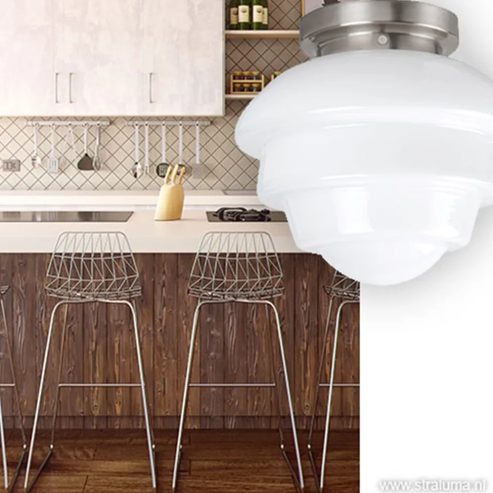 Plafondl. nikkel wit glas, keuken-hal