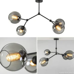 Plafondlamp 4-armen zwart+smoke bolglas