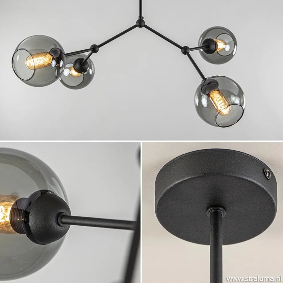 Plafondlamp 4-armen zwart+smoke bolglas