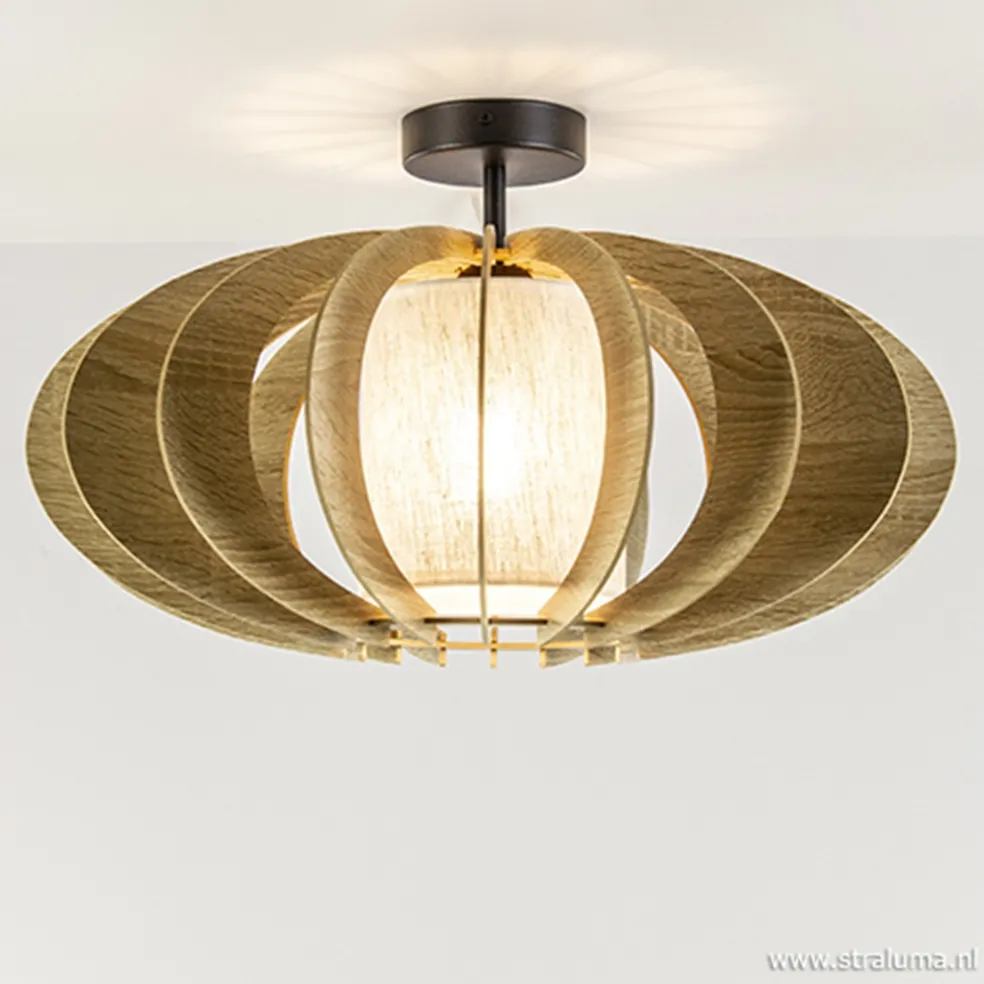 Plafondlamp hout met stoffen kap 50cm