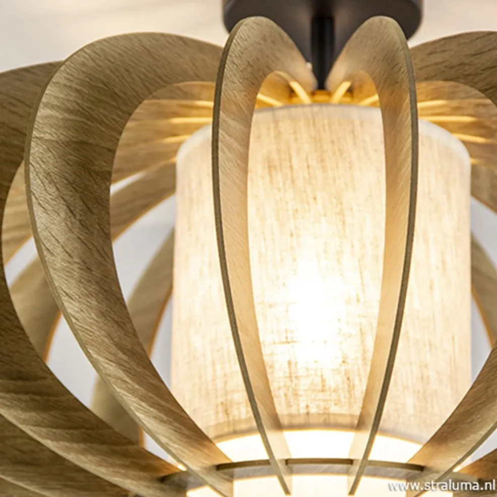 Plafondlamp hout met stoffen kap 50cm