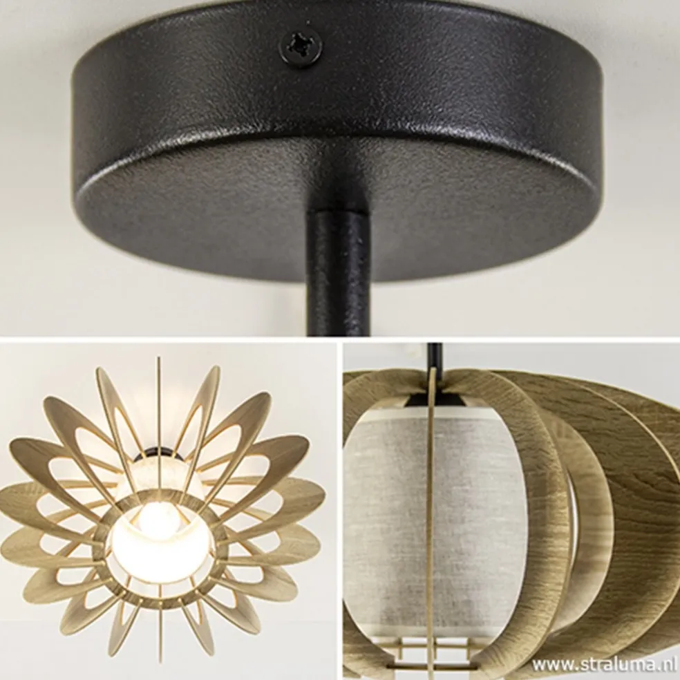 Plafondlamp hout met stoffen kap 50cm