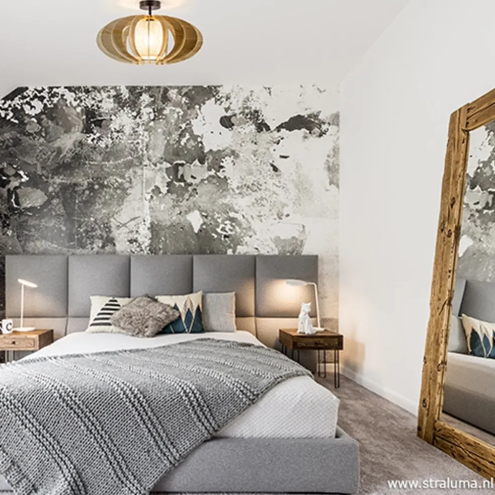 Plafondlamp hout met stoffen kap 50cm