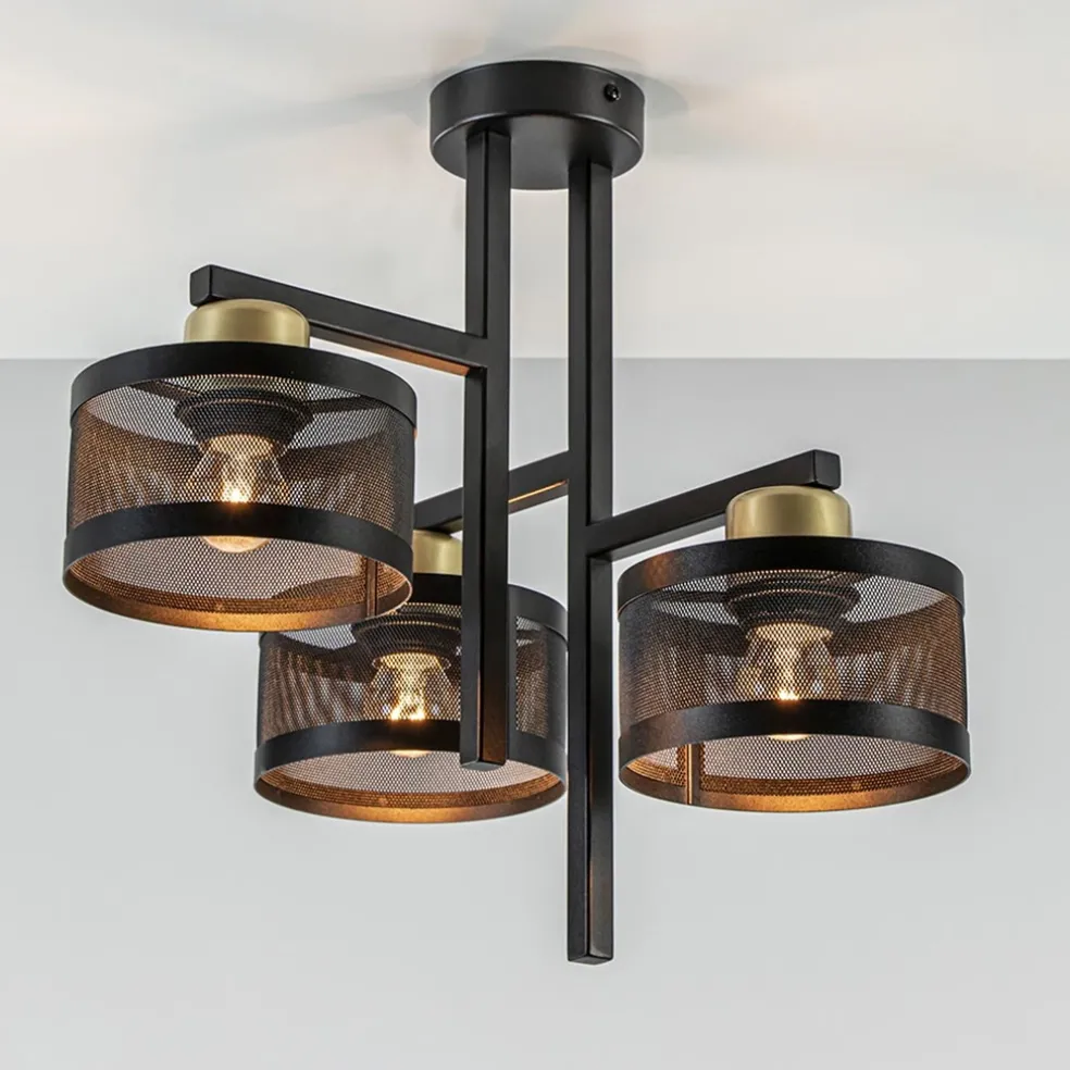 Plafondlamp 3L zwart/goud cilinder geperforeerd