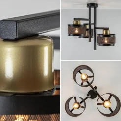 Plafondlamp 3L zwart/goud cilinder geperforeerd