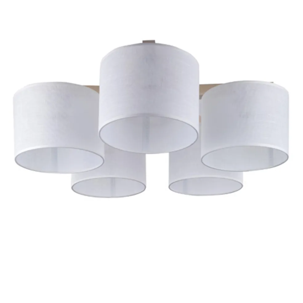 Plafondlamp 5-lichts hout/cilinderkap wit