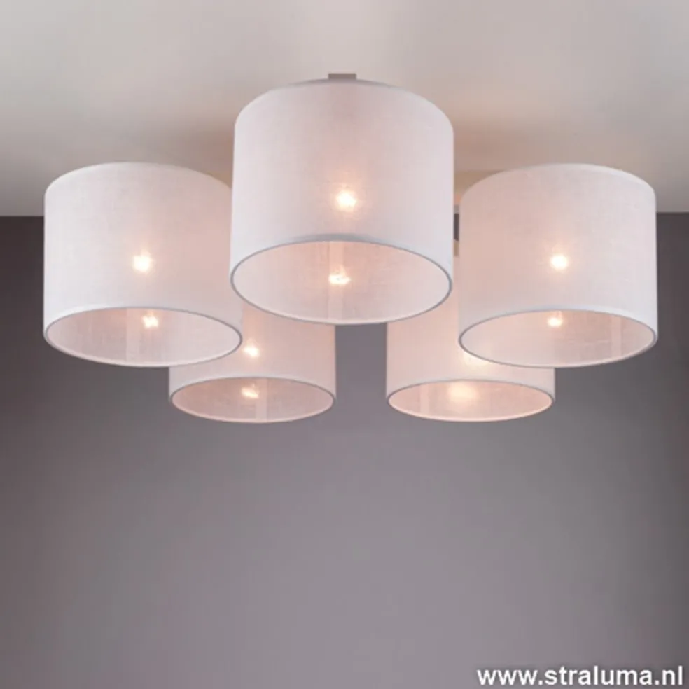 Plafondlamp 5-lichts hout/cilinderkap wit