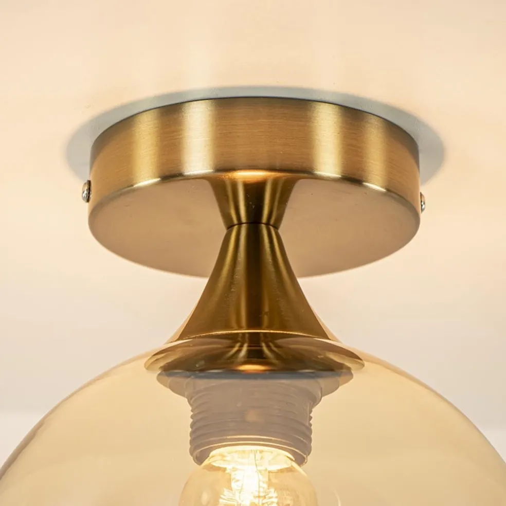 Plafondlamp toilet goud met amber glas