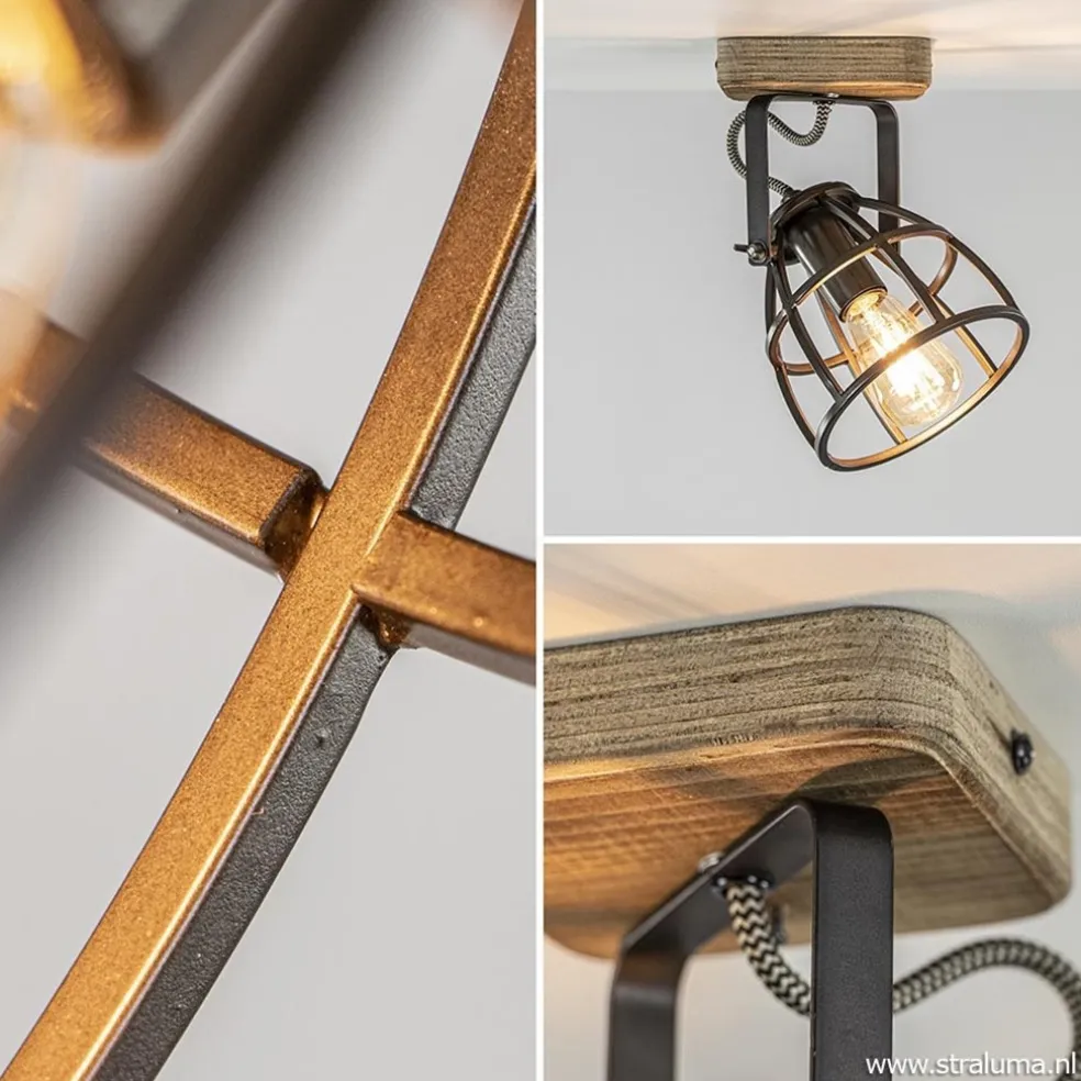 Plafond/wandlamp Matrix zwarte korf met hout