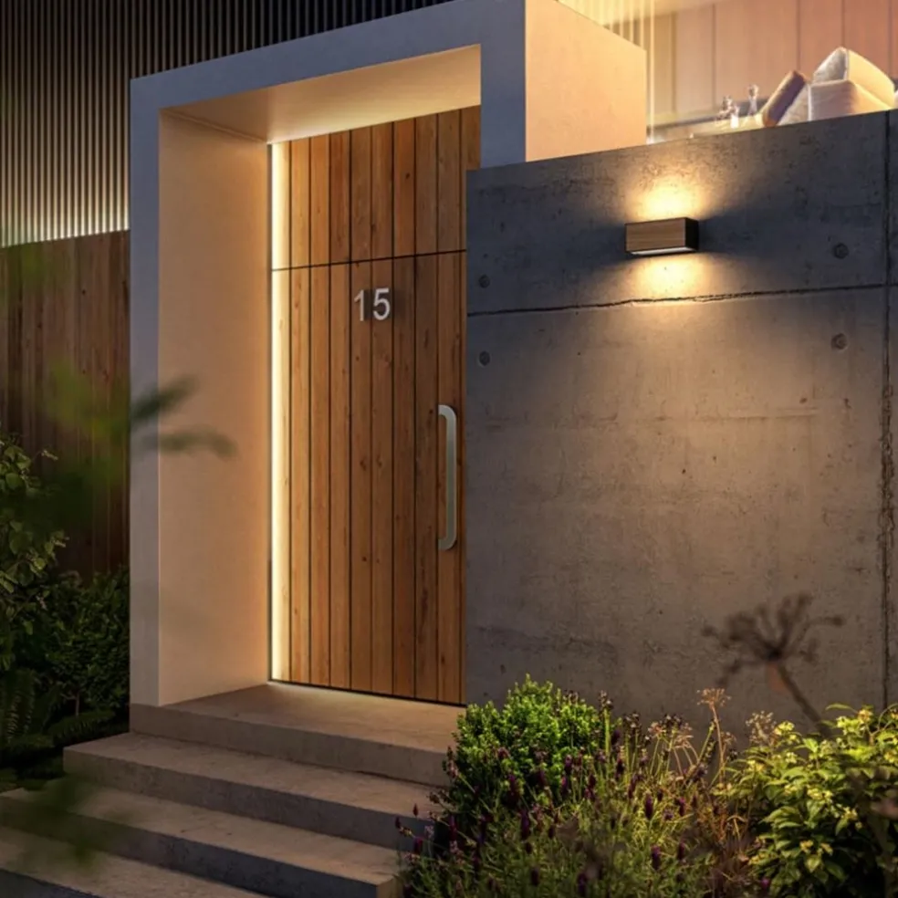 Rechthoekige buitenlamp donker grijs/hout